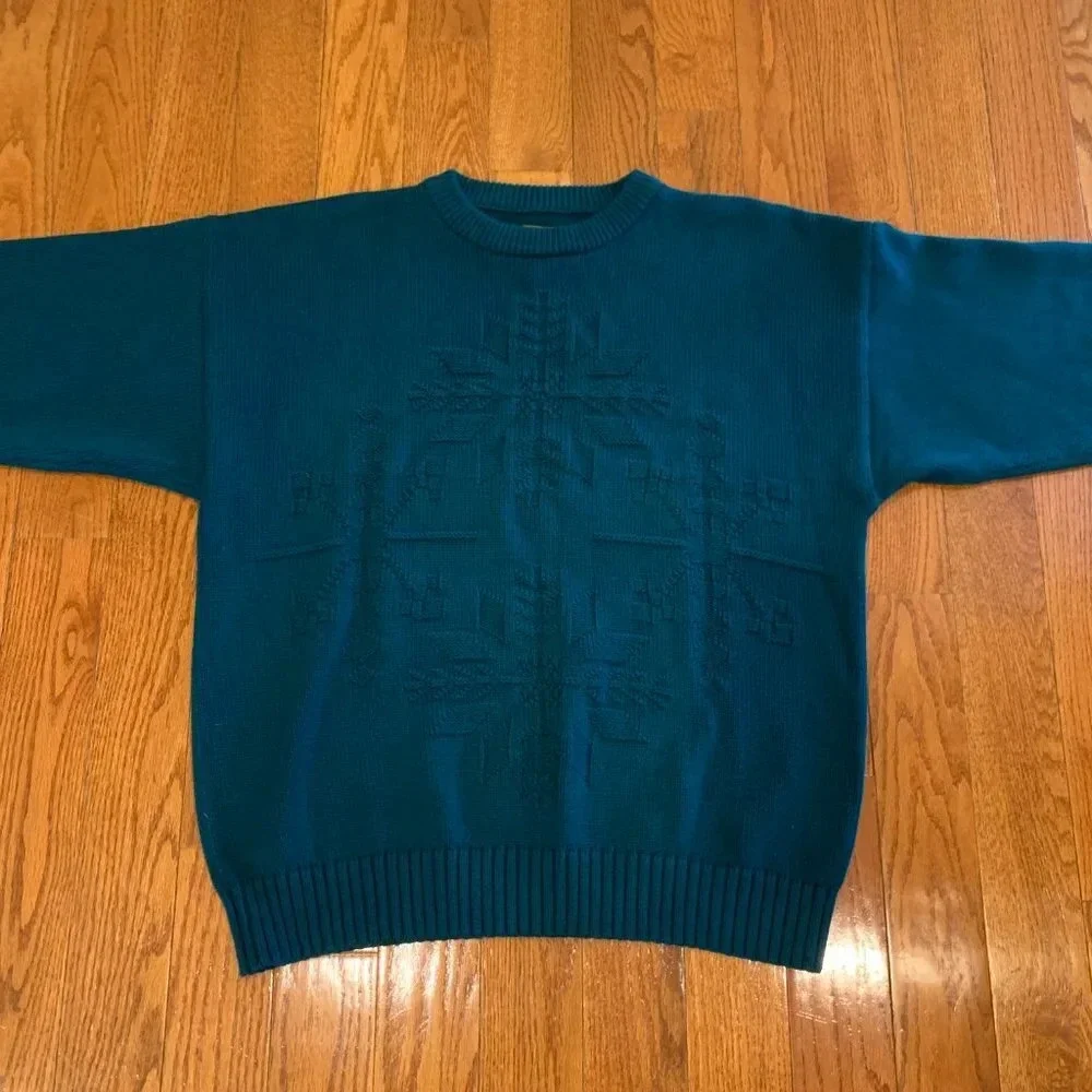 Vintage 90s Eddie Bauer Mens Large 100% Cotton Knit Dad Sweater Green